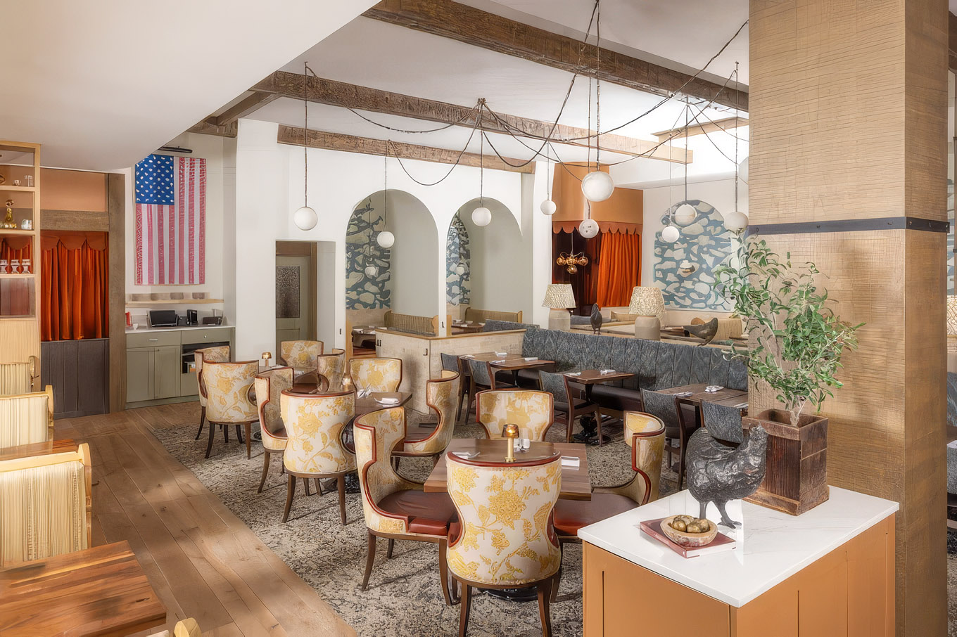 Founding Farmers Alexandria -- full dining room with wood beam installation